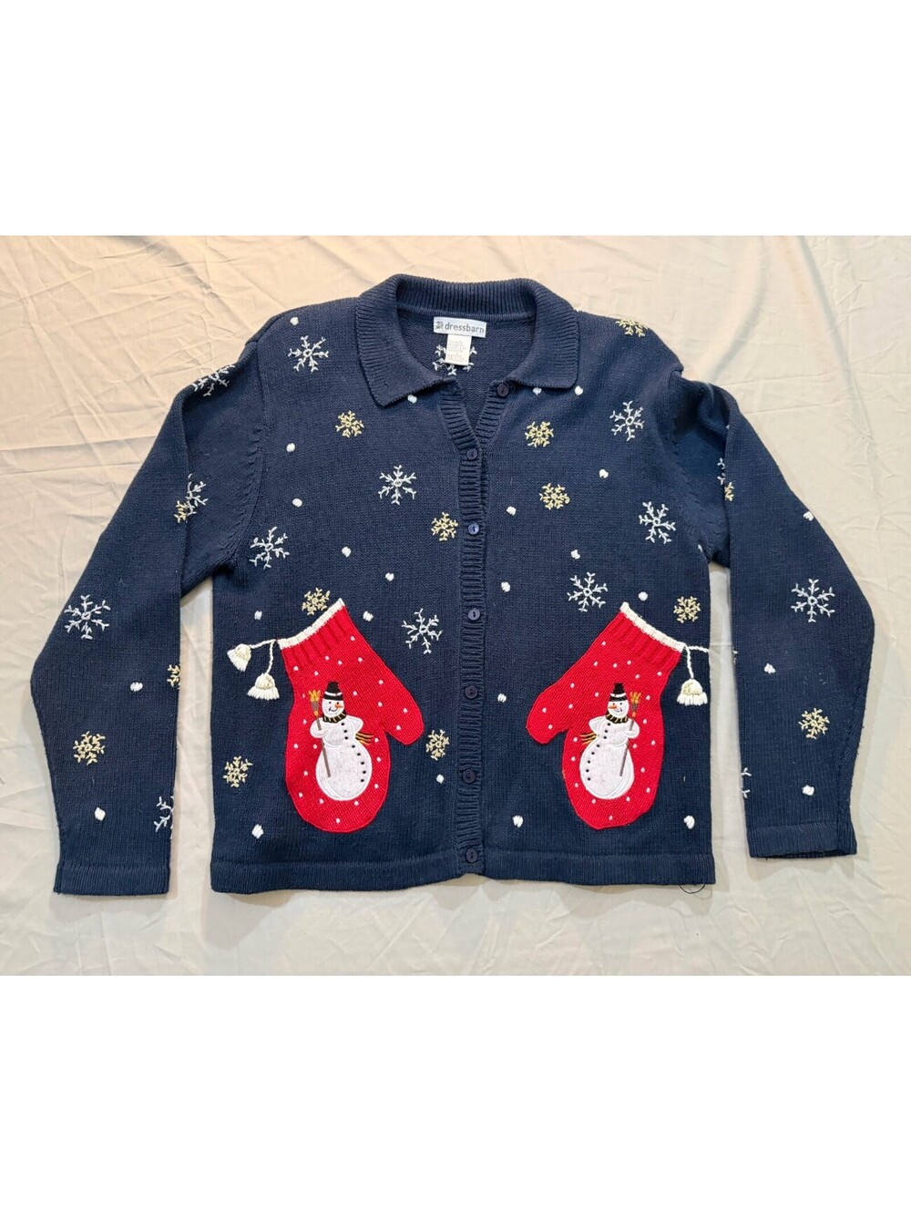 Dressbarn Christmas Cardigan Women’s Large Navy Snowman Mittens Snowflakes Ramie